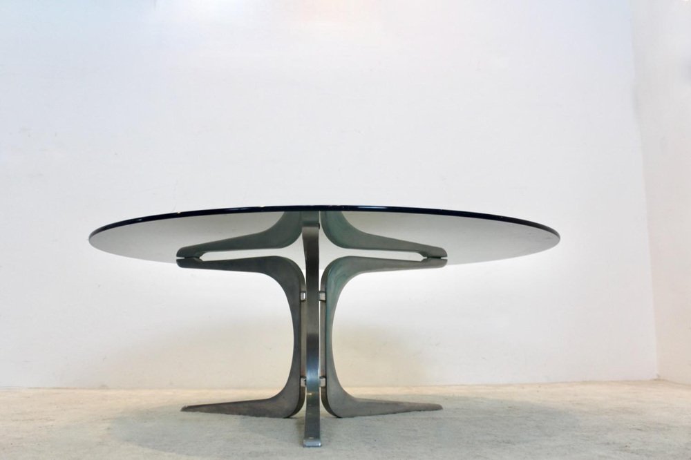 Smoked Glass and Aluminum Round Coffee Table by Geoffrey Harcourt for Artifort