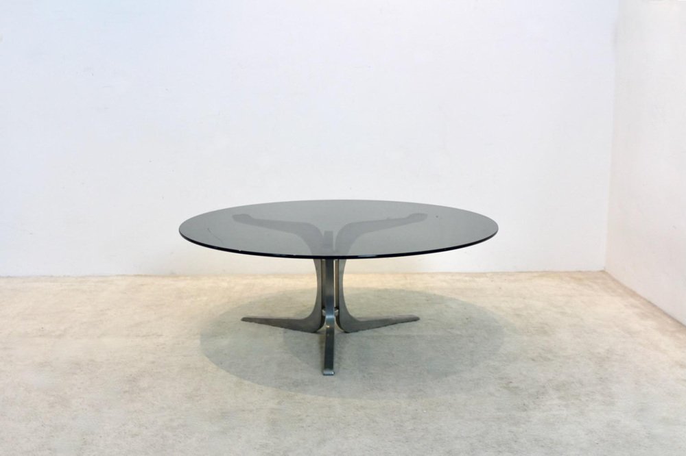 Smoked Glass and Aluminum Round Coffee Table by Geoffrey Harcourt for Artifort