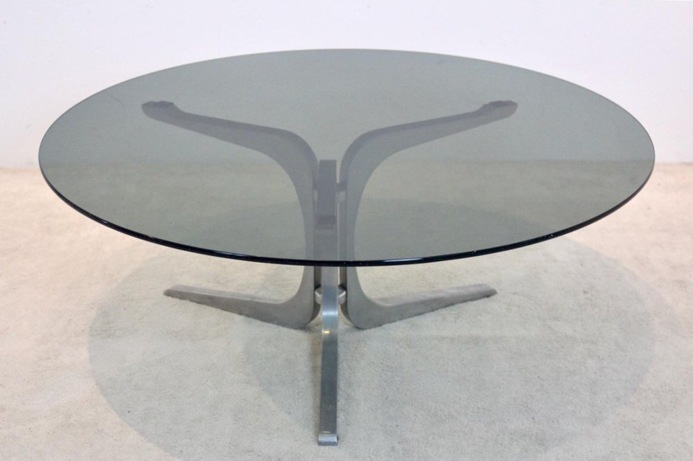 Smoked Glass and Aluminum Round Coffee Table by Geoffrey Harcourt for Artifort