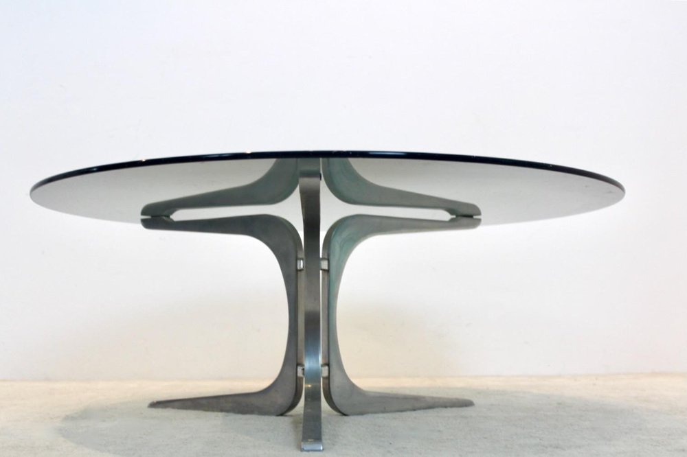 Smoked Glass and Aluminum Round Coffee Table by Geoffrey Harcourt for Artifort