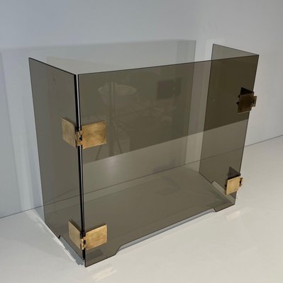 Smoked Glass and Brass Trifold Fireguard, 1970s-BA-1784729