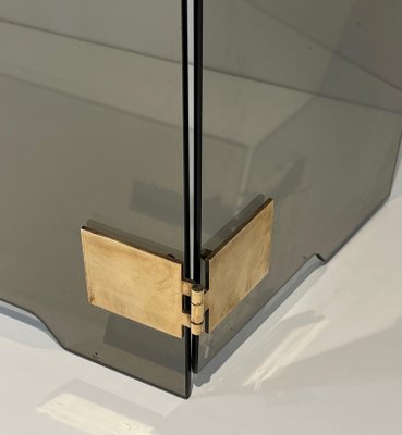 Smoked Glass and Brass Trifold Fireguard, 1970s-BA-1784729