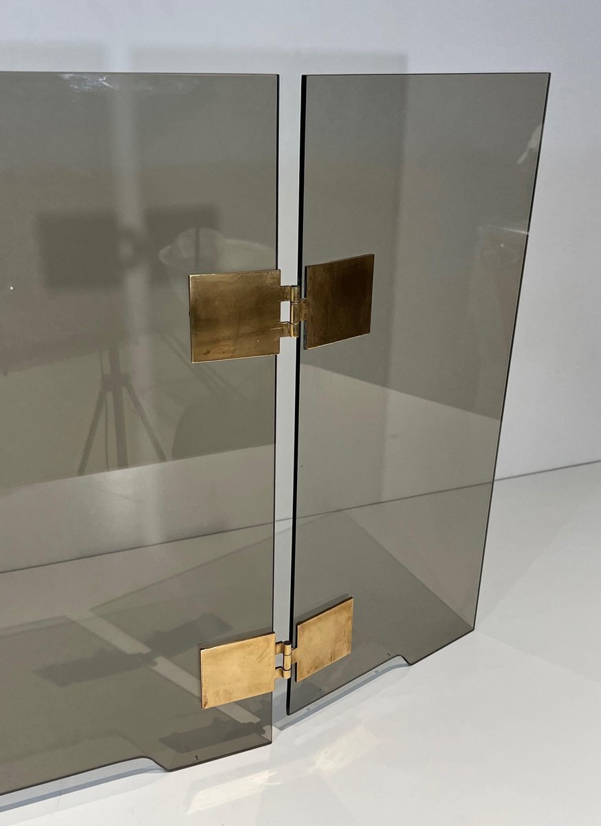 Smoked Glass and Brass Trifold Fireguard, 1970s