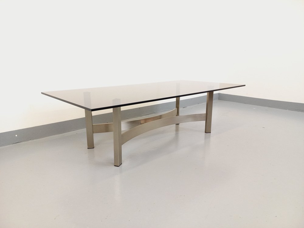 Smoked Glass, Brushed Aluminum and Cast Iron Coffee Table, 1970s