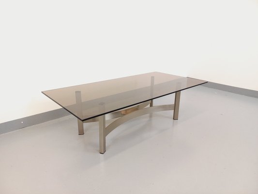 Smoked Glass, Brushed Aluminum and Cast Iron Coffee Table, 1970s-AHO-1811785