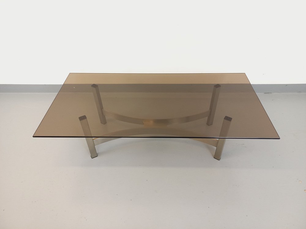 Smoked Glass, Brushed Aluminum and Cast Iron Coffee Table, 1970s