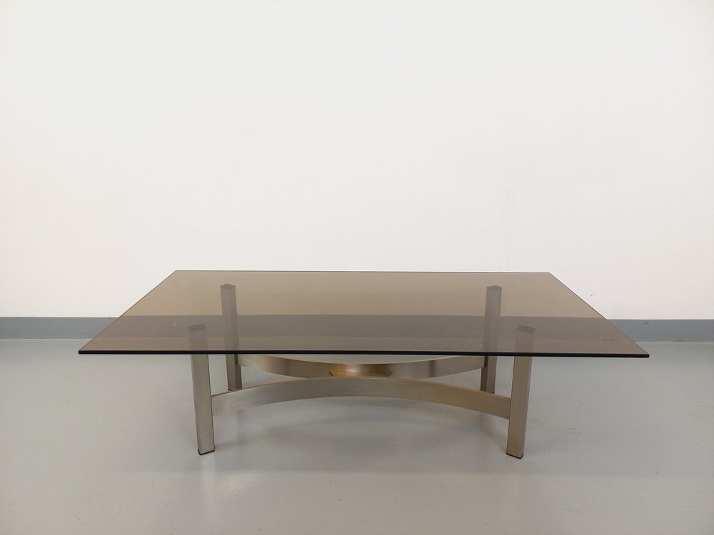 Smoked Glass, Brushed Aluminum and Cast Iron Coffee Table, 1970s