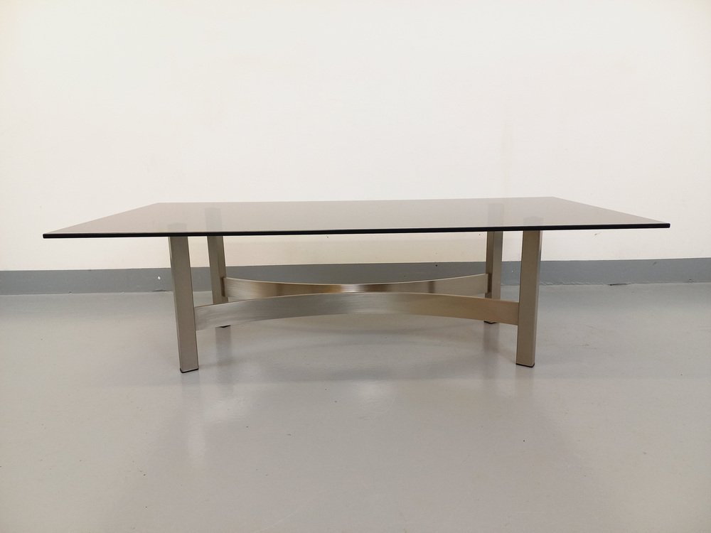 Smoked Glass, Brushed Aluminum and Cast Iron Coffee Table, 1970s