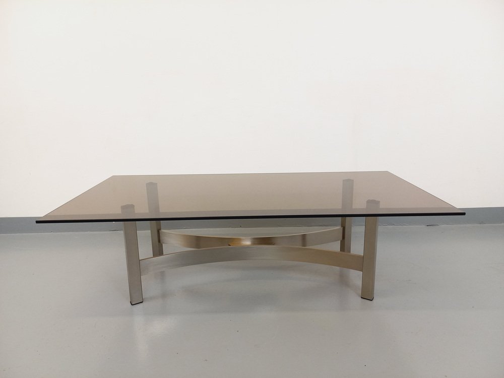 Smoked Glass, Brushed Aluminum and Cast Iron Coffee Table, 1970s