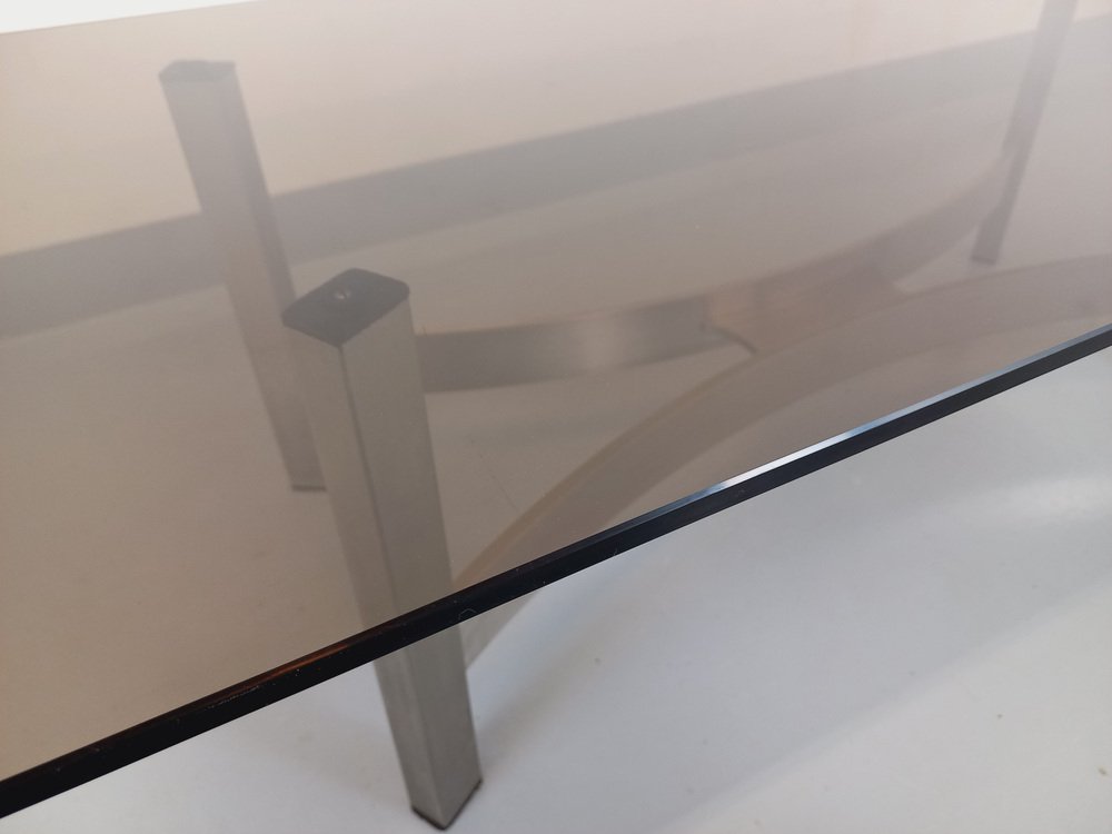 Smoked Glass, Brushed Aluminum and Cast Iron Coffee Table, 1970s