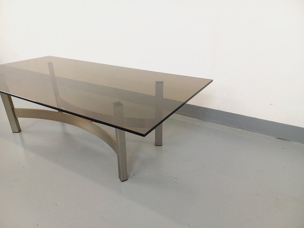 Smoked Glass, Brushed Aluminum and Cast Iron Coffee Table, 1970s