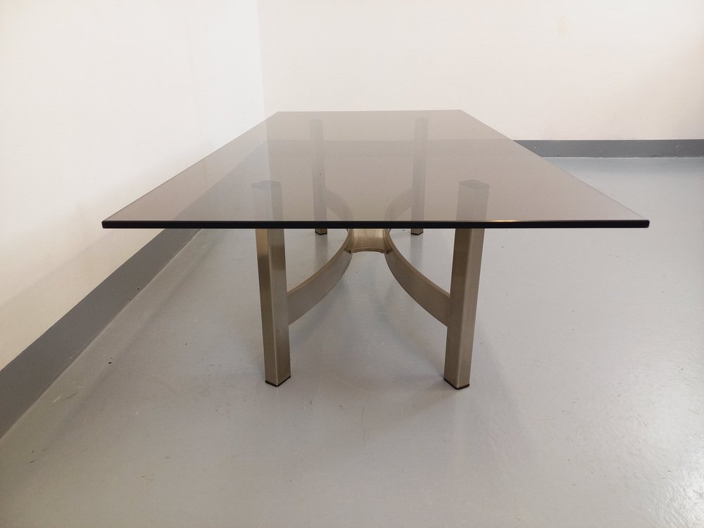 Smoked Glass, Brushed Aluminum and Cast Iron Coffee Table, 1970s