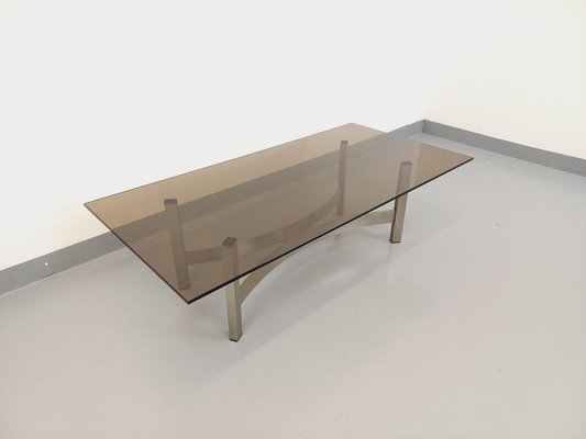 Smoked Glass, Brushed Aluminum and Cast Iron Coffee Table, 1970s-AHO-1811785