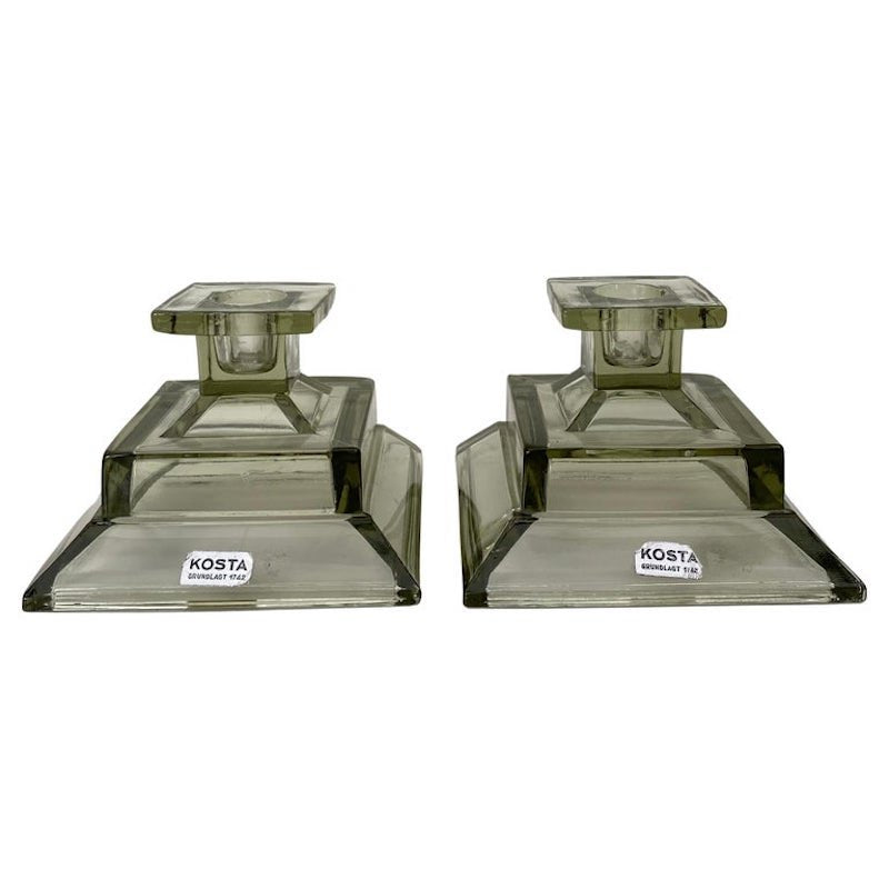 Smoked Glass Candlesticks from Kosta, Set of 2