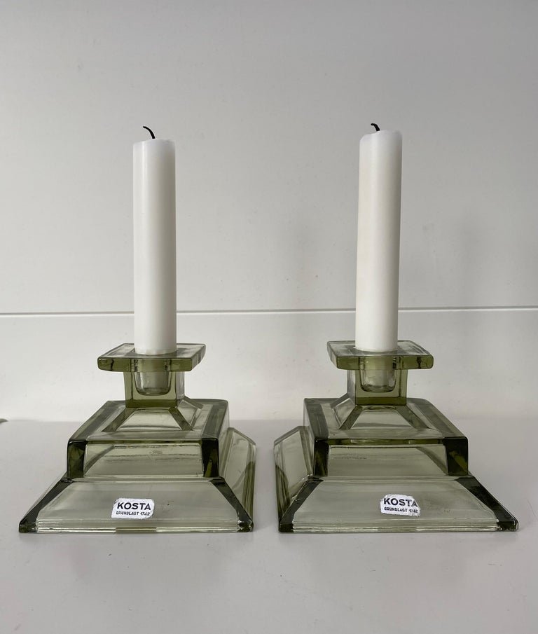 Smoked Glass Candlesticks from Kosta, Set of 2