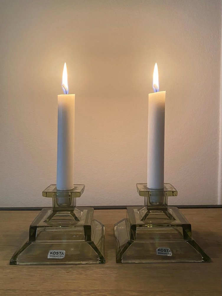 Smoked Glass Candlesticks from Kosta, Set of 2