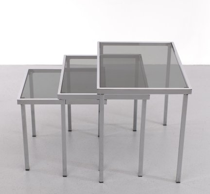 Smoked Glass & Chrome Frame Nesting Tables, 1970s, Set of 3-GCG-1425281