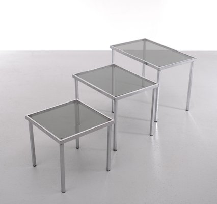 Smoked Glass & Chrome Frame Nesting Tables, 1970s, Set of 3-GCG-1425281