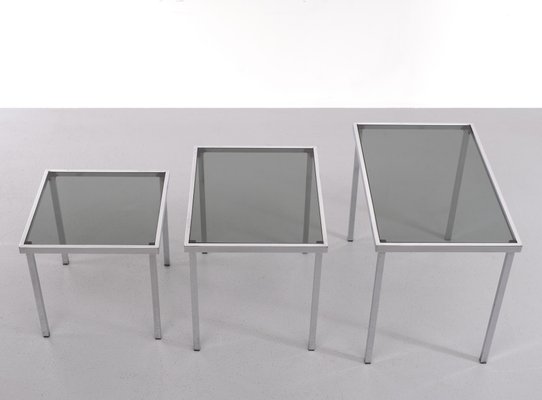 Smoked Glass & Chrome Frame Nesting Tables, 1970s, Set of 3-GCG-1425281