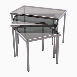 Smoked Glass & Chrome Frame Nesting Tables, 1970s, Set of 3-GCG-1425281