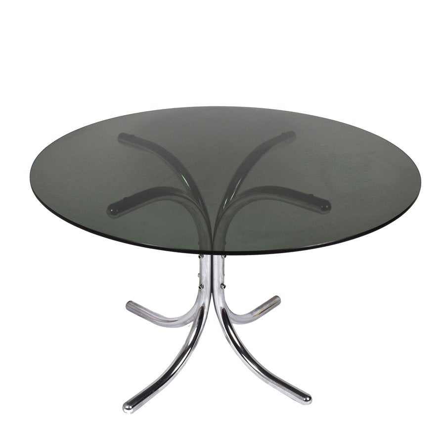 Smoked Glass Dining Table with Chromed Base in the Style of Giotto Stoppino, Italy, 1970s