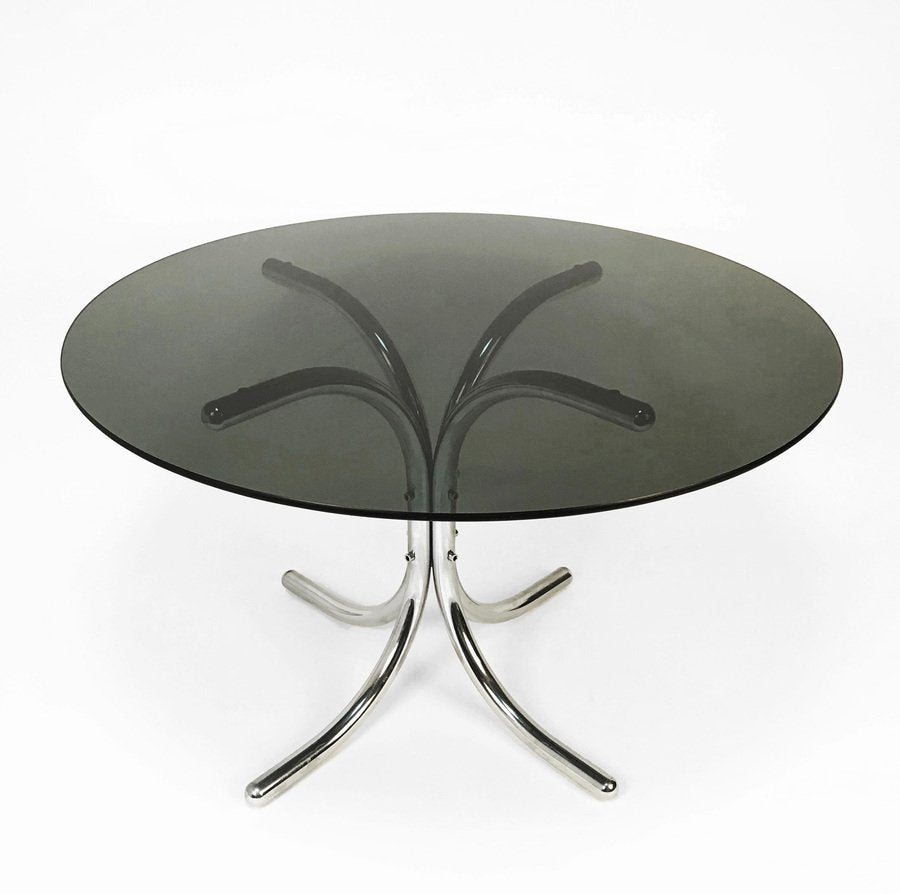 Smoked Glass Dining Table with Chromed Base in the Style of Giotto Stoppino, Italy, 1970s