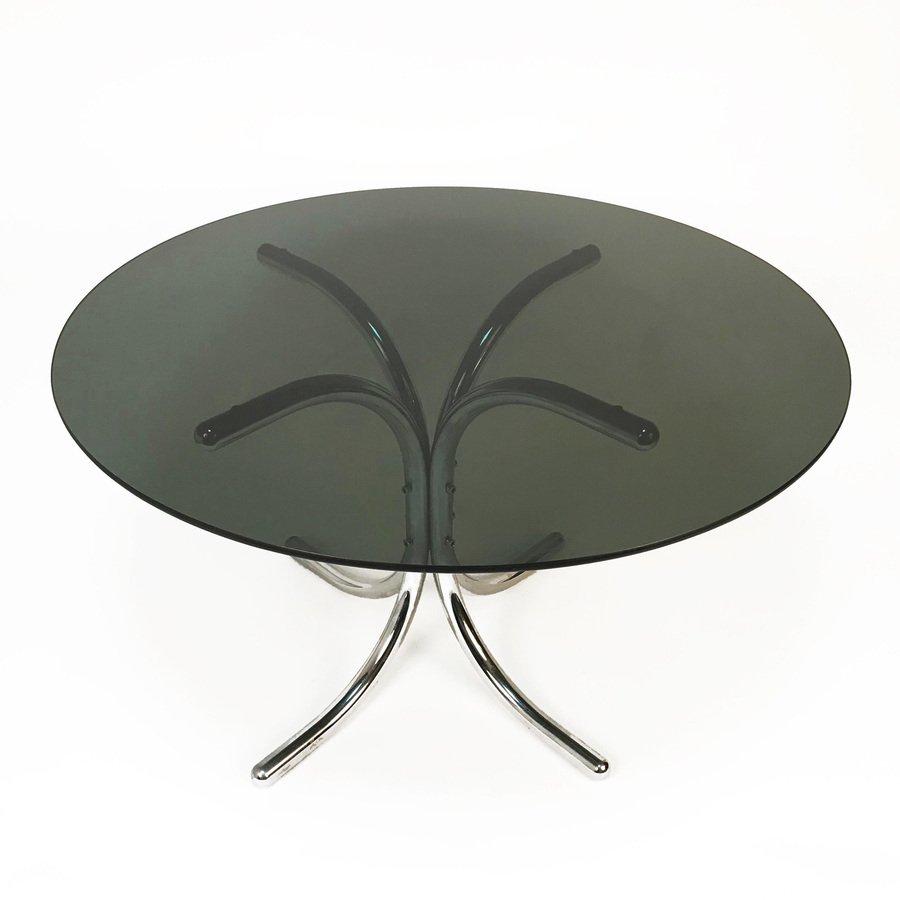 Smoked Glass Dining Table with Chromed Base in the Style of Giotto Stoppino, Italy, 1970s