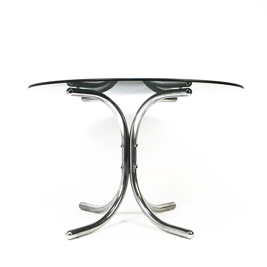 Smoked Glass Dining Table with Chromed Base in the Style of Giotto Stoppino, Italy, 1970s