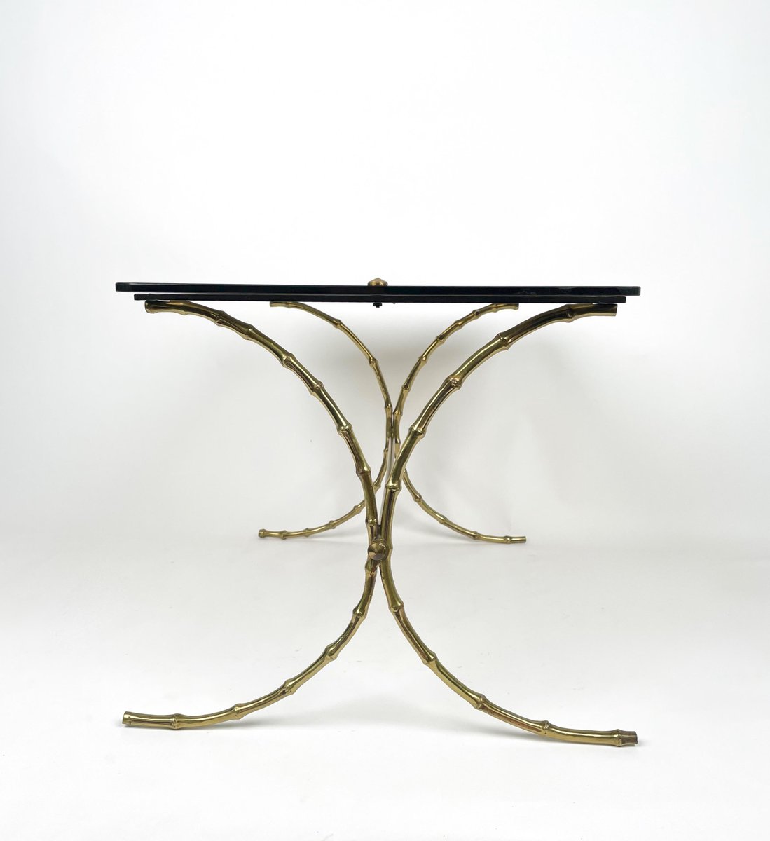 Smoked Glass & Faux Bamboo Brass Coffee Table from Maison Bagues, France, 1970s