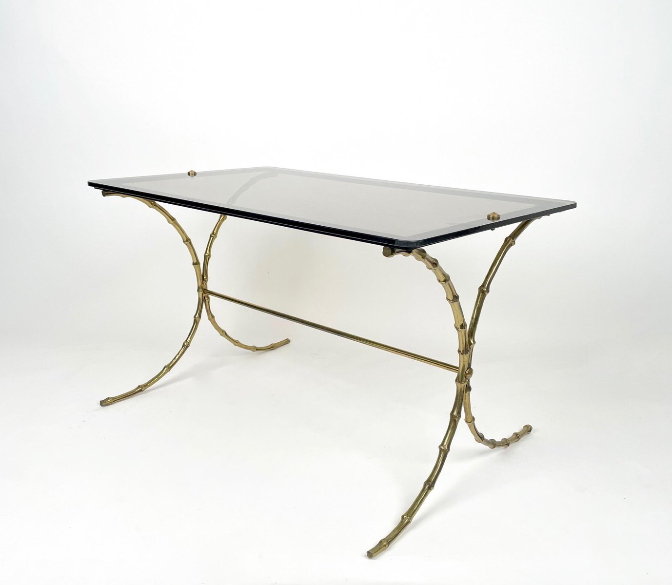 Smoked Glass & Faux Bamboo Brass Coffee Table from Maison Bagues, France, 1970s