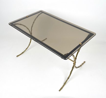 Smoked Glass & Faux Bamboo Brass Coffee Table from Maison Bagues, France, 1970s-LYQ-1171437