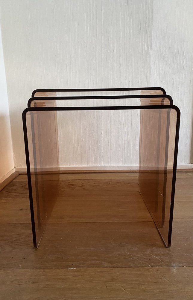 Smoked Glass Nesting Tables, France, 1960s-1970s, Set of 3