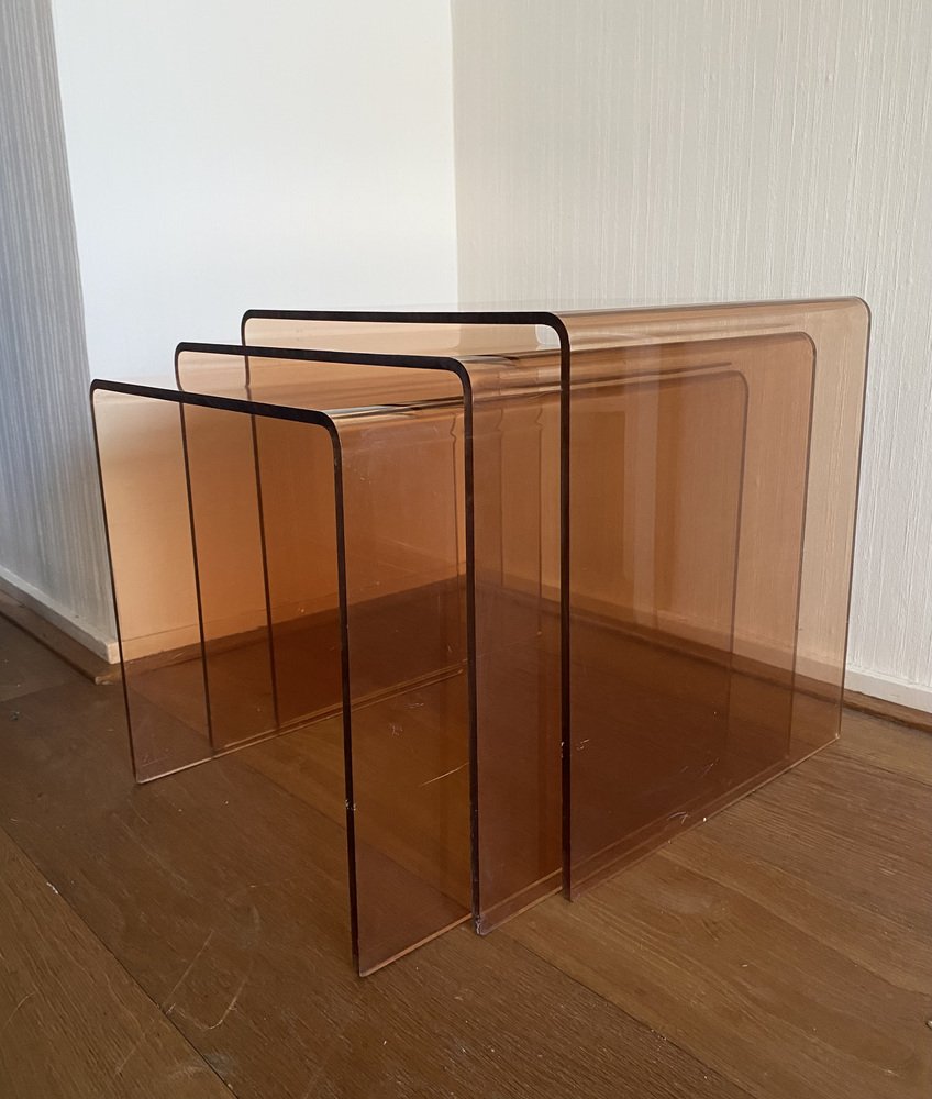 Smoked Glass Nesting Tables, France, 1960s-1970s, Set of 3