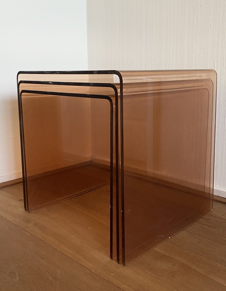 Smoked Glass Nesting Tables, France, 1960s-1970s, Set of 3