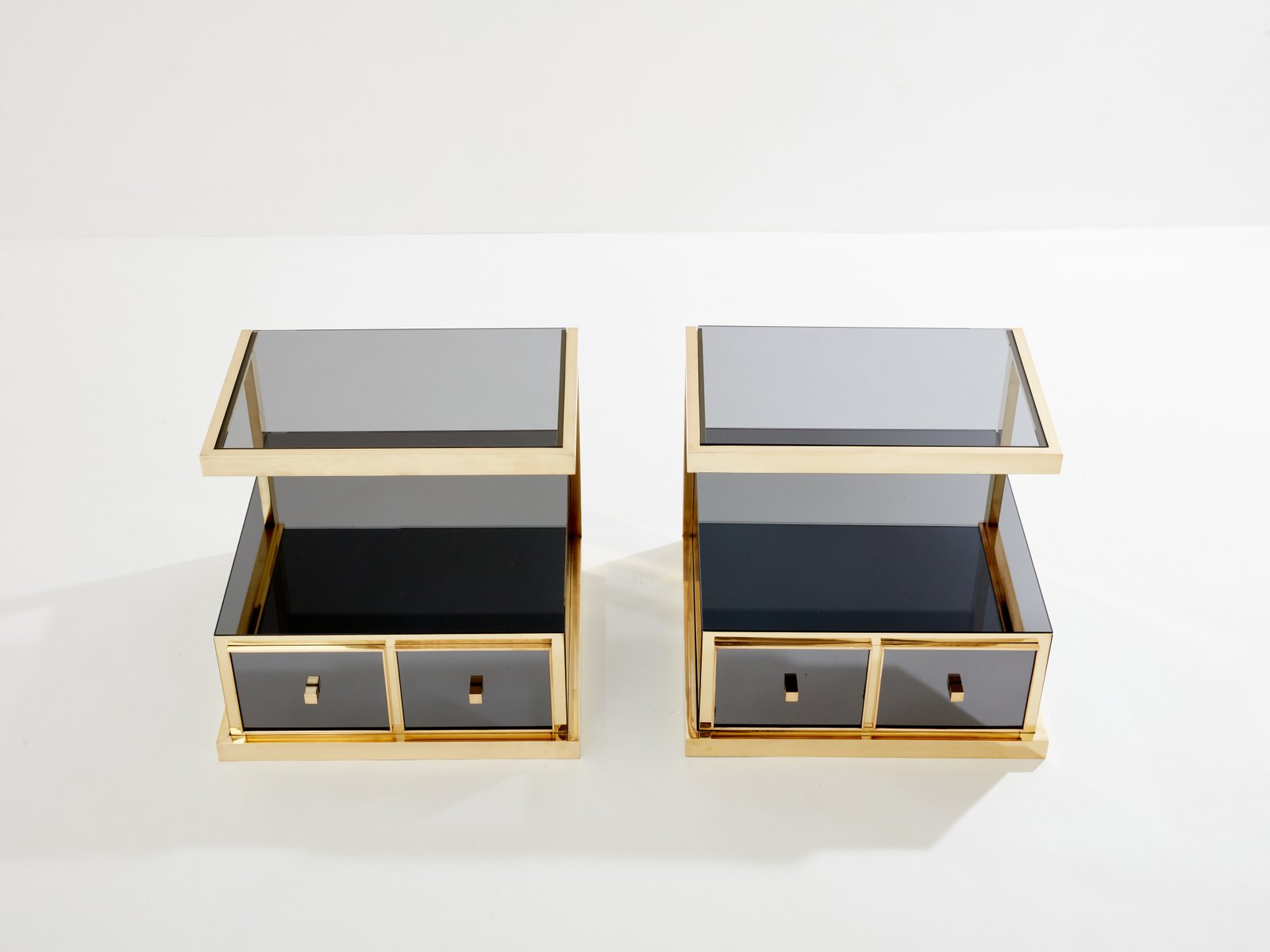 Smoked Mirrored and Brass Side Tables by Michel Pigneres, 1970s, Set of 2