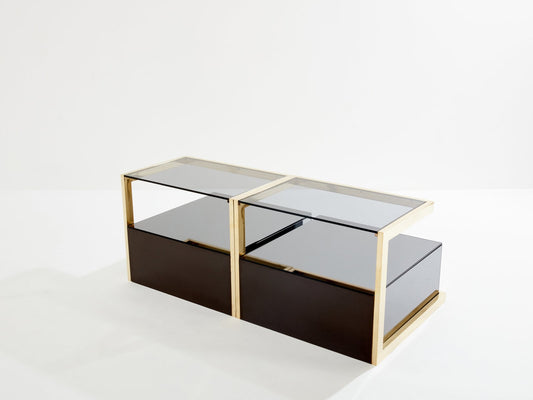 Smoked Mirrored and Brass Side Tables by Michel Pigneres, 1970s, Set of 2