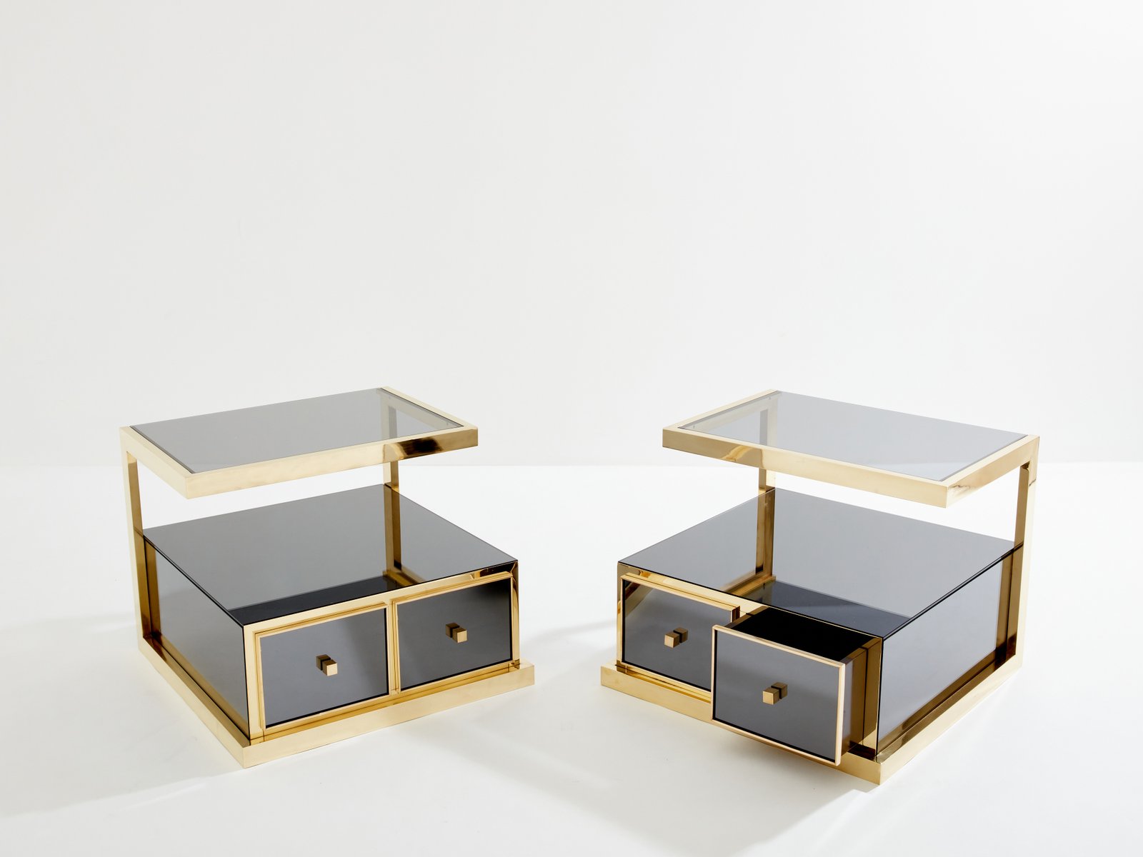 Smoked Mirrored and Brass Side Tables by Michel Pigneres, 1970s, Set of 2