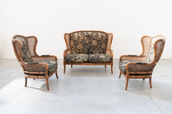 Sofa and 2 Bamboo Armchairs, 1980s, Set of 3-KNM-1314659