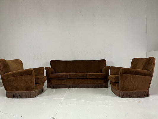 Sofa and Armchairs in Velvet and Brass from ISA Bergamo, 1950s, Set of 3