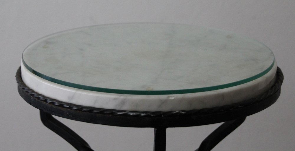 Sofa End Tables in White Marble Top with Forged Iron Base, 1950s, Set of 2