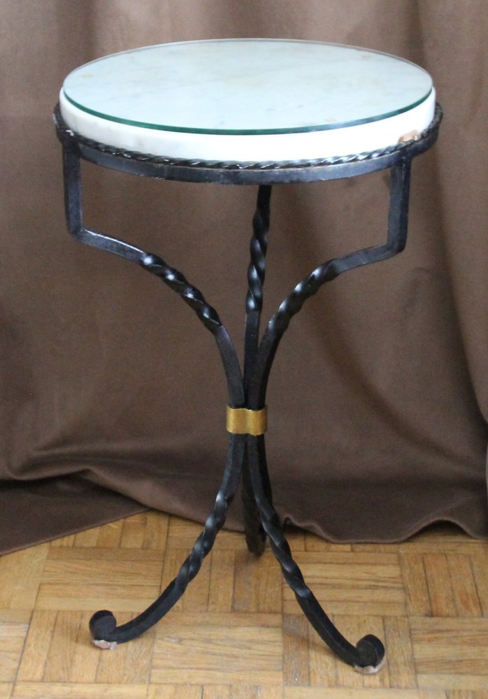 Sofa End Tables in White Marble Top with Forged Iron Base, 1950s, Set of 2