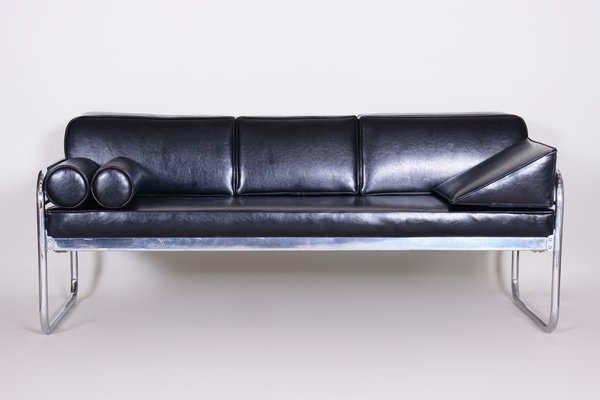 Sofa in Chrome-Plated Tubular Steel and Black Leather attributed to Hynek Gottwald, Former Czechoslovakia, 1930s-WHY-1776769