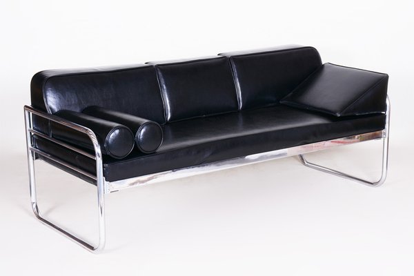 Sofa in Chrome-Plated Tubular Steel and Black Leather attributed to Hynek Gottwald, Former Czechoslovakia, 1930s-WHY-1776769