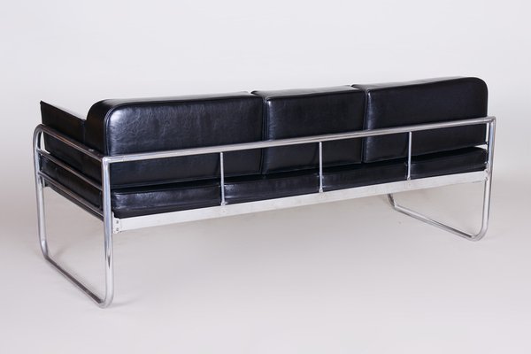 Sofa in Chrome-Plated Tubular Steel and Black Leather attributed to Hynek Gottwald, Former Czechoslovakia, 1930s-WHY-1776769