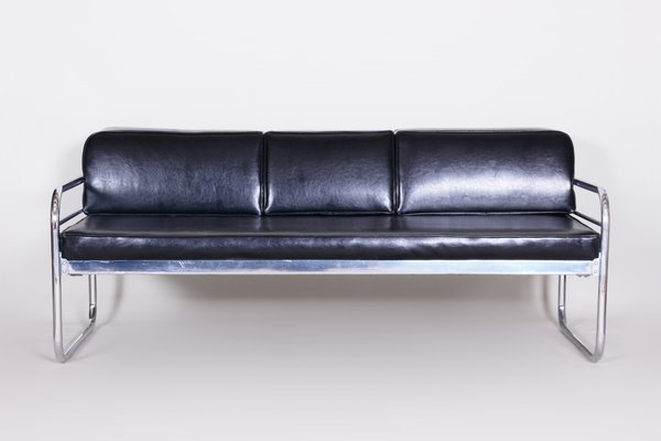 Sofa in Chrome-Plated Tubular Steel and Black Leather attributed to Hynek Gottwald, Former Czechoslovakia, 1930s-WHY-1776769