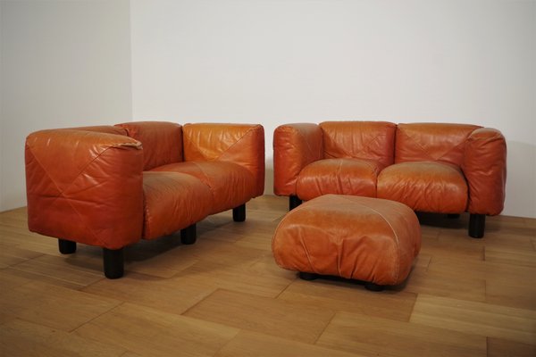 Sofas and Poufs in Orange Leather Marius & Marius by Mario Marenco for Arflex, 1970s, Set of 3-KNM-1049393