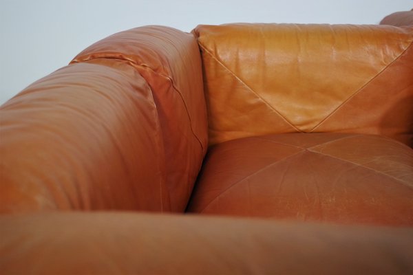 Sofas and Poufs in Orange Leather Marius & Marius by Mario Marenco for Arflex, 1970s, Set of 3-KNM-1049393