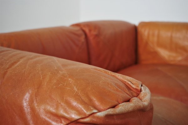 Sofas and Poufs in Orange Leather Marius & Marius by Mario Marenco for Arflex, 1970s, Set of 3-KNM-1049393