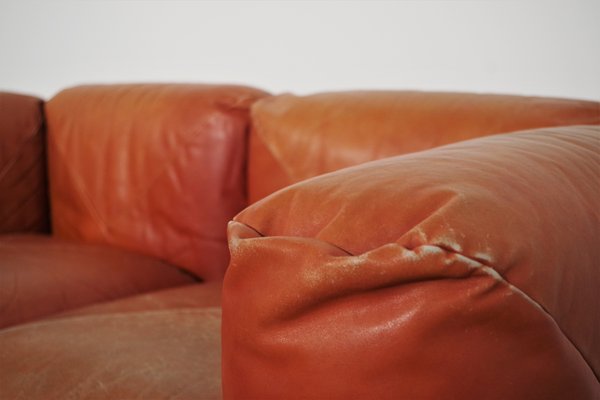 Sofas and Poufs in Orange Leather Marius & Marius by Mario Marenco for Arflex, 1970s, Set of 3-KNM-1049393