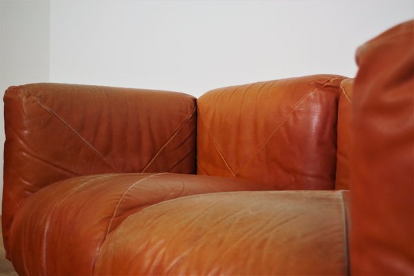 Sofas and Poufs in Orange Leather Marius & Marius by Mario Marenco for Arflex, 1970s, Set of 3-KNM-1049393